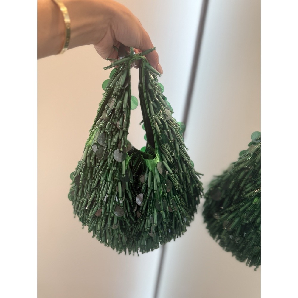 Zara Green Beaded Sequin Satin Statement Glam Hobo Handbag Evening Purse Bag - Picture 6 of 12